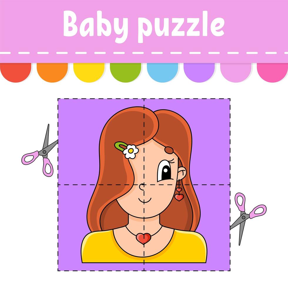 Baby puzzle. Easy level. Flash cards. Cut and play. Pleasant lovely woman. Color activity worksheet. Game for children. Cartoon character. vector