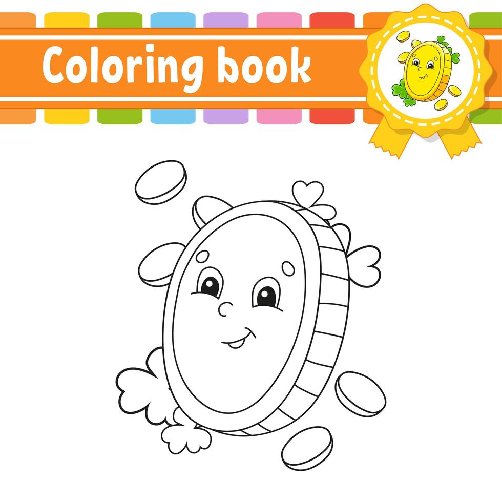 Coloring book for kids. Gold coin. Cheerful character. Vector illustration. Cute cartoon style. Black contour silhouette. Isolated on white background. St. Patrick's day.