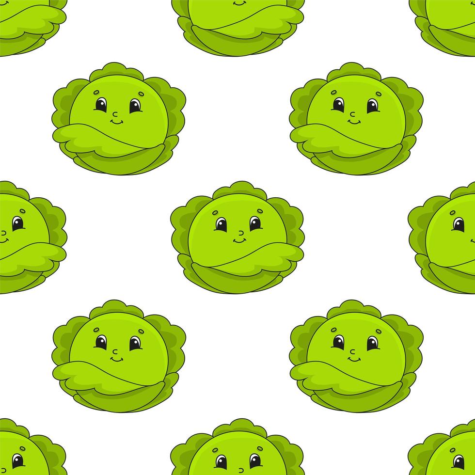 Colored cartoon seamless pattern. Vegetable cabbage. Cartoon style. Hand drawn. Vector illustration isolated on white background.