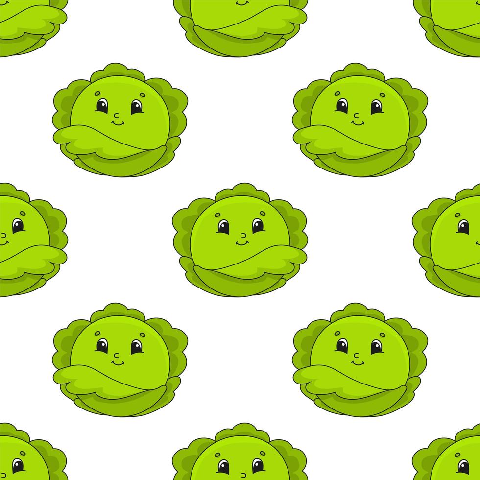 Colored cartoon seamless pattern. Vegetable cabbage. Cartoon style. Hand drawn. Vector illustration isolated on white background.