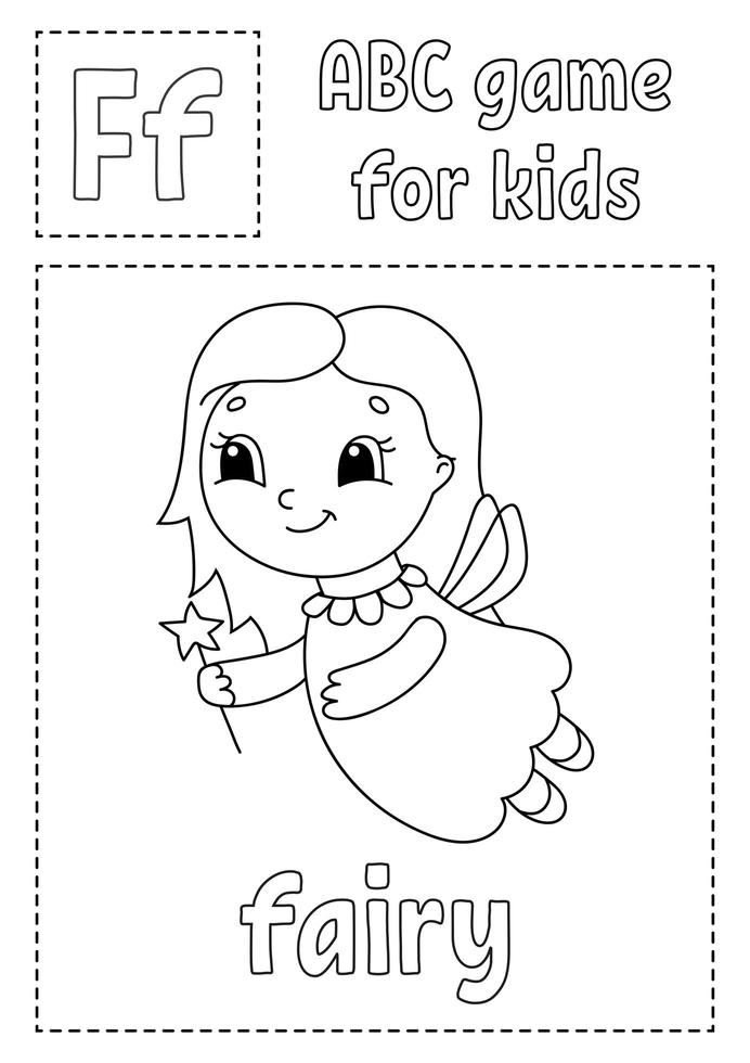 ABC game for kids. Alphabet coloring page. Cartoon character. Word and letter. Vector illustration.