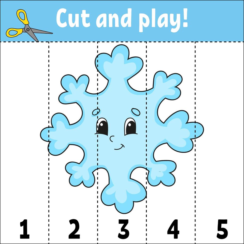 Learning numbers. Cut and play. Education developing worksheet. Game for kids. Activity page. Puzzle for children. Riddle for preschool. Flat isolated vector illustration. Cute cartoon style.