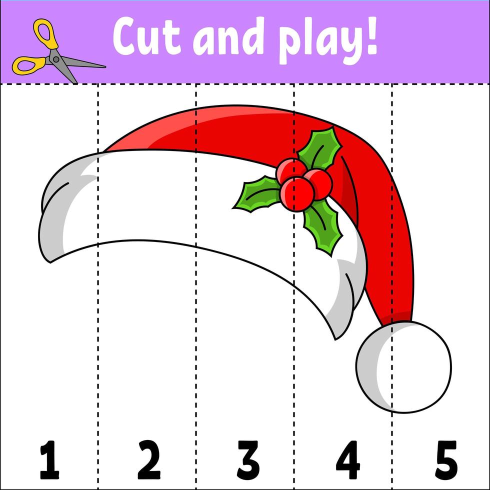 Learning numbers 1-5. Cut and play. Santa claus hat. Education worksheet. Game for kids. Color activity page. Puzzle for children. Riddle for preschool. Vector illustration. Cartoon style.