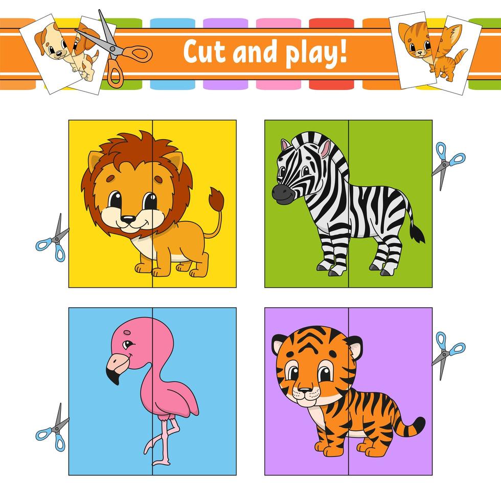 Cut and play. Flash cards. Color puzzle. Education developing worksheet. Activity page. Game for children. Funny character. Isolated vector illustration. Cartoon style.