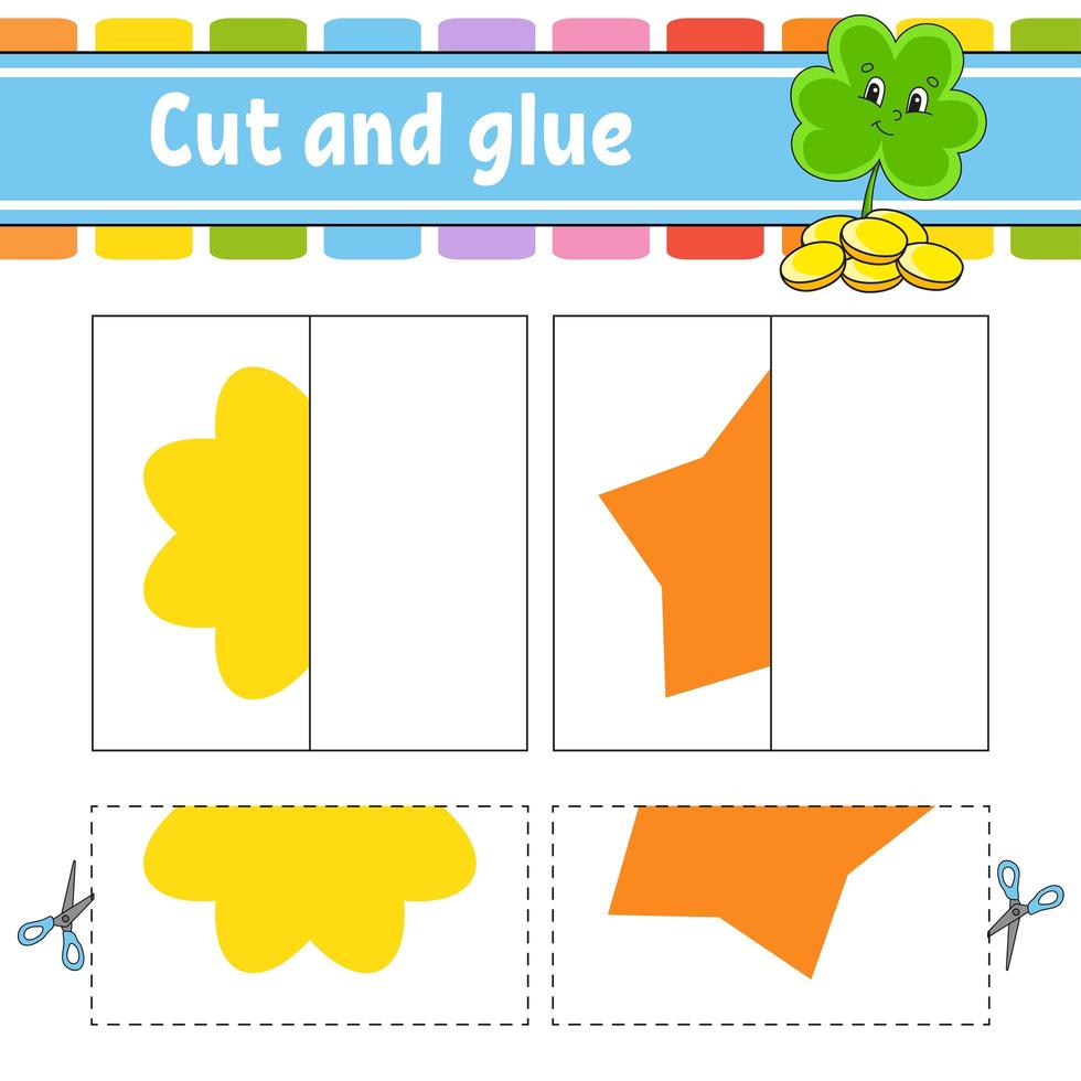 Cut and play. Paper game with glue. Flash cards. Clover, flower, star. Education worksheet. Activity page. Funny character. Isolated vector illustration. Cartoon style.