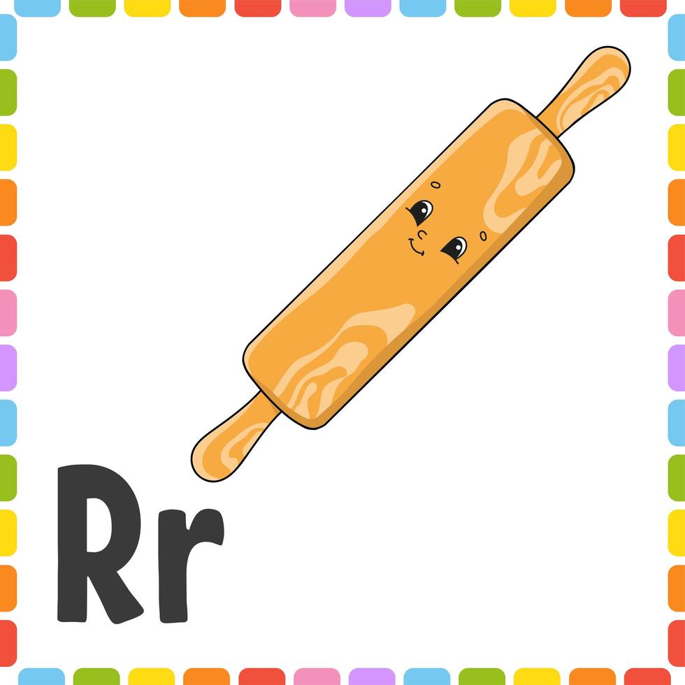 English alphabet. Letter R - rolling pin. ABC square flash cards. Cartoon character isolated on white background. For kids education. Developing worksheet. Learning letters. Color vector illustration.