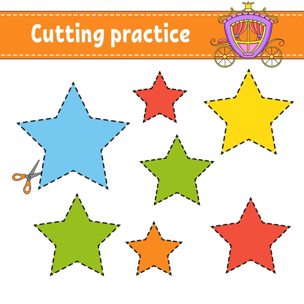 Cutting practice for kids. Education developing worksheet. Activity page with pictures. Color game for children. Isolated vector illustration. Funny character. Cartoon style.