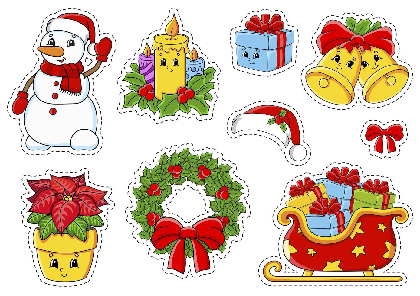 conjunto de pegatinas con lindos personajes de dibujos animados. tema de navidad. dibujado a mano. paquete de colores. ilustración vectorial. colección de insignias de parche. elementos de diseño de etiquetas. para planificador diario, diario, organizador. vector