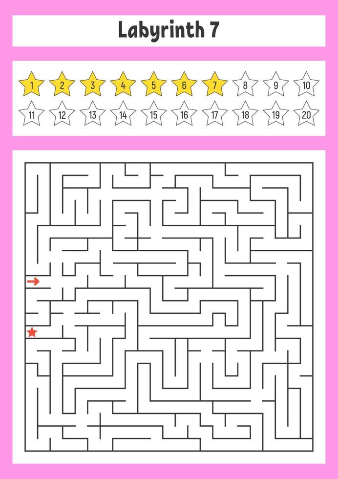 Square maze. Game for kids. Puzzle for children. Labyrinth conundrum. Color vector illustration. Find the right path. The development of logical and spatial thinking.