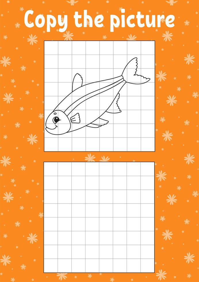 Copy the picture. Fish. Coloring book pages for kids. Education developing worksheet. Game for children. Handwriting practice. Funny character. Cartoon vector illustration.