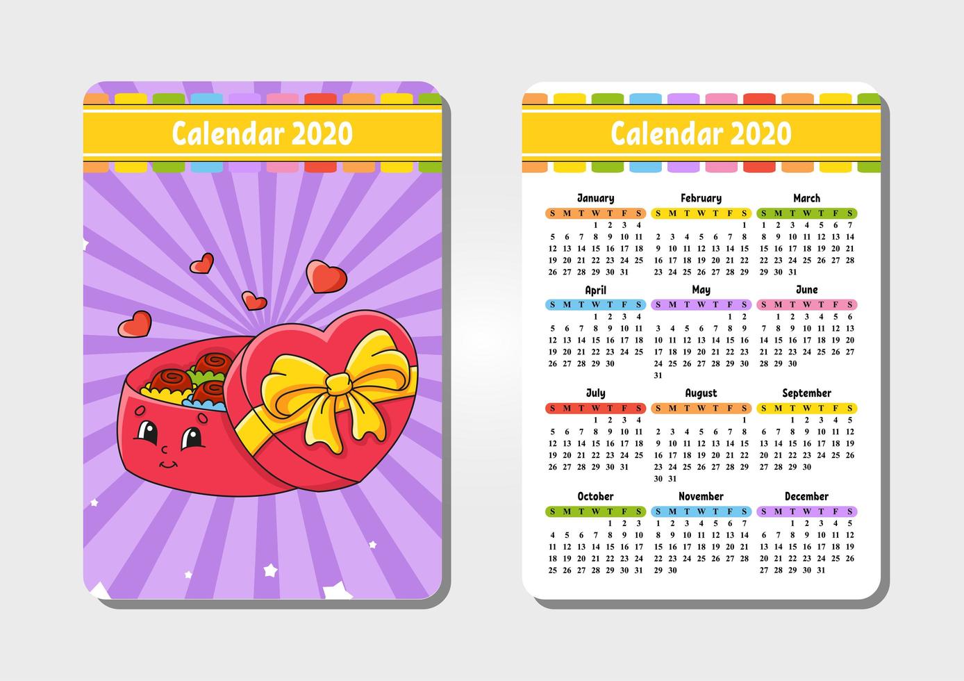 Calendar for 2020 with a cute character. Pocket size. Fun and bright design. Isolated vector illustration. Cartoon style.