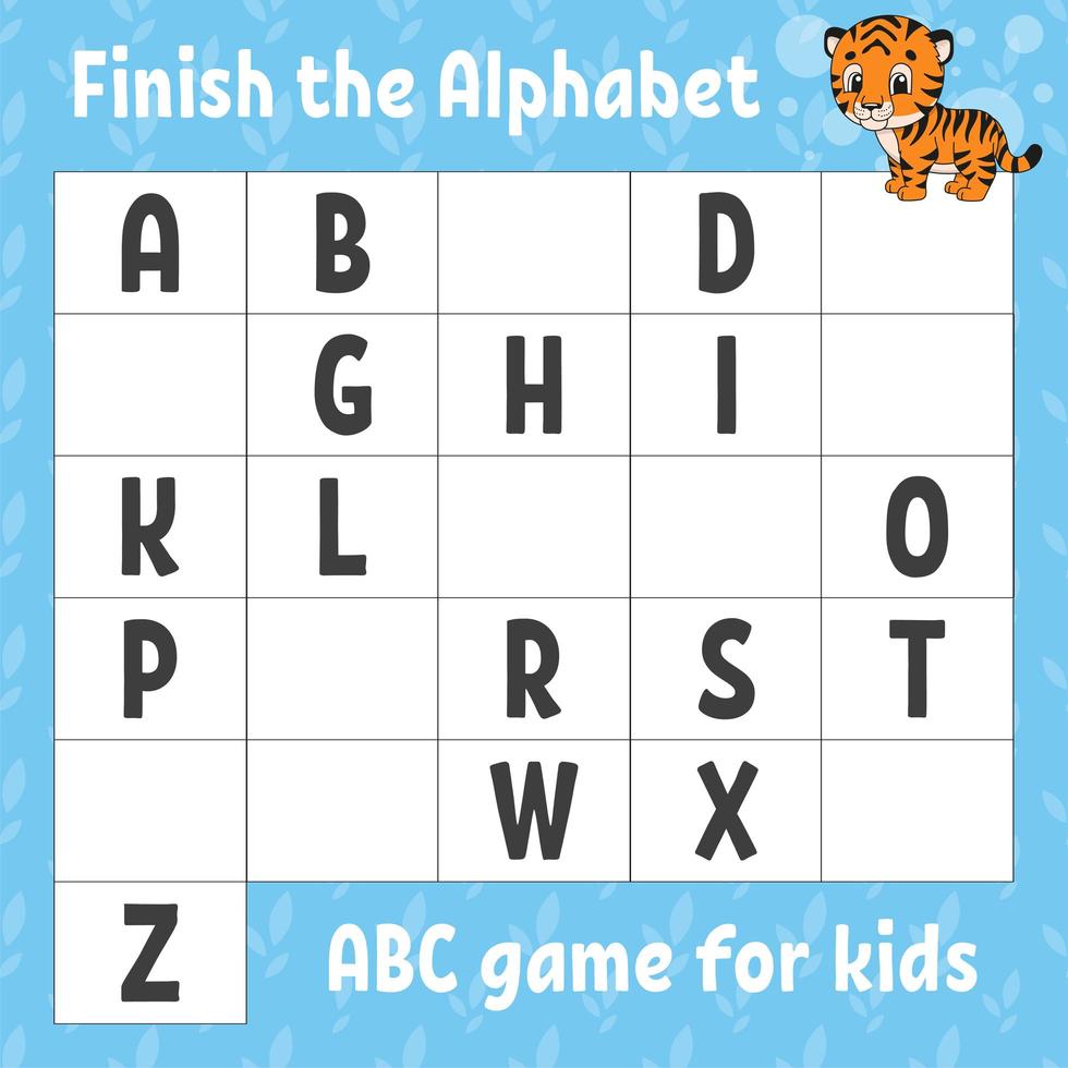 Finish the alphabet. ABC game for kids. Education developing worksheet. Orange tiger. Learning game for kids. Color activity page. vector