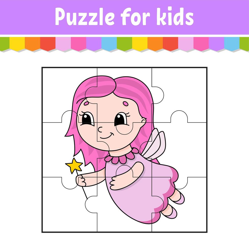 Puzzle game for kids. Jigsaw pieces. Color worksheet. Activity page.Isolated vector illustration. Cartoon style.