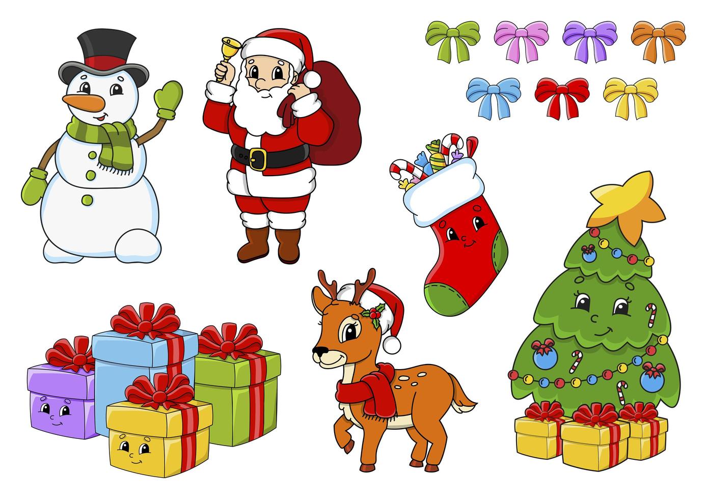 Set of stickers with cute cartoon characters. Christmas theme. Hand drawn. Colorful pack. Vector illustration. Patch badges collection. Label design elements. For daily planner, diary, organizer.