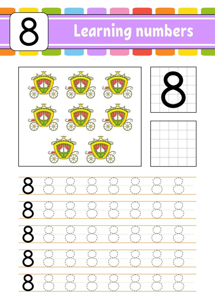 Trace and write. Handwriting practice. Learning numbers for kids. Education developing worksheet. Activity page. Isolated vector illustration in cute cartoon style.