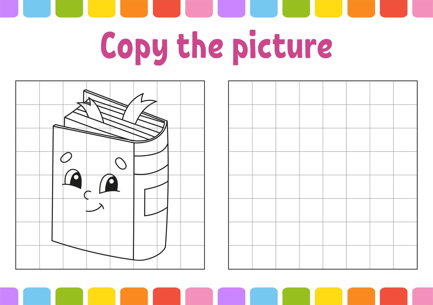 Copy the picture. Coloring book pages for kids. Education developing worksheet. Game for children. Back to school. Handwriting practice. Funny character. Cute cartoon vector illustration.