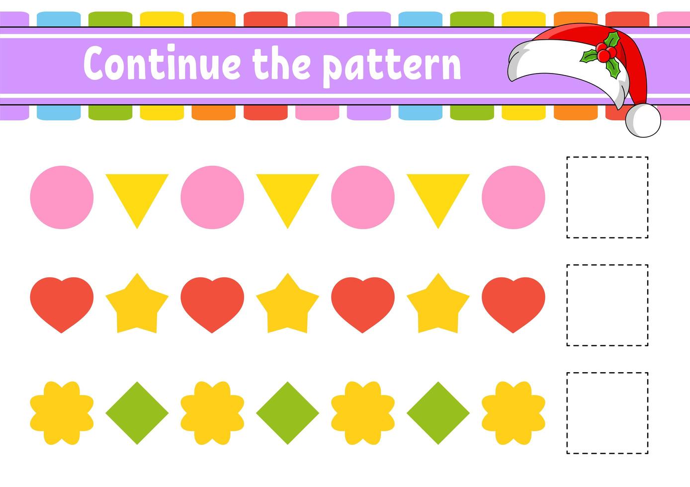 Continue the pattern. Education developing worksheet. Game for kids. Activity page. Puzzle for children. Riddle for preschool. Flat isolated vector illustration. Cute cartoon style.