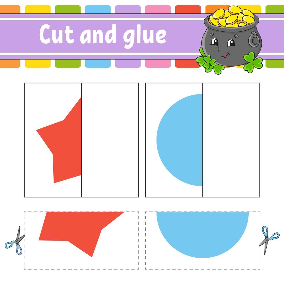 Cut and play. Paper game with glue. Flash cards. Pot, star, circle. Education worksheet. Activity page. Funny character. Isolated vector illustration. Cartoon style.