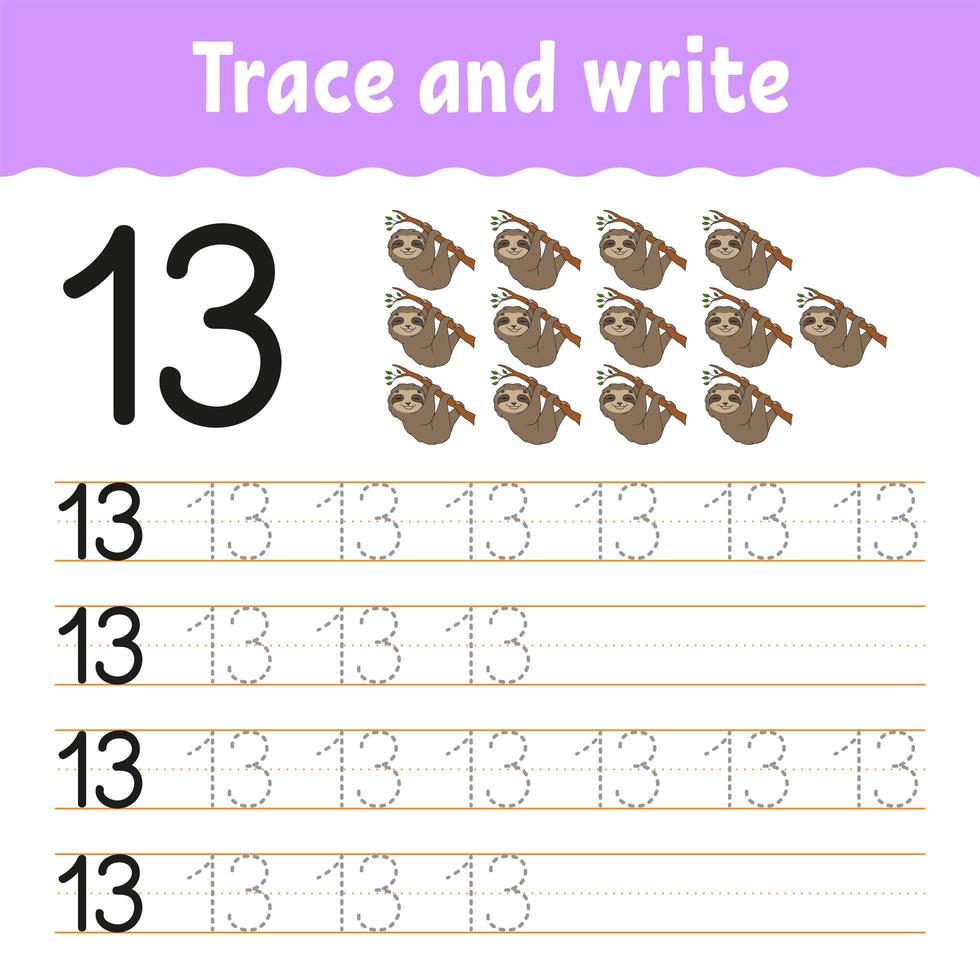 Trace and write. Handwriting practice. Learning numbers for kids. Education developing worksheet. Activity page. Game for toddlers and preschoolers. Isolated vector illustration in cute cartoon style.