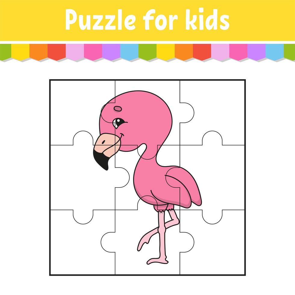 Puzzle game for kids. Pink flamingo. Education worksheet. Color activity page. Riddle for preschool. Isolated vector illustration. Cartoon style.