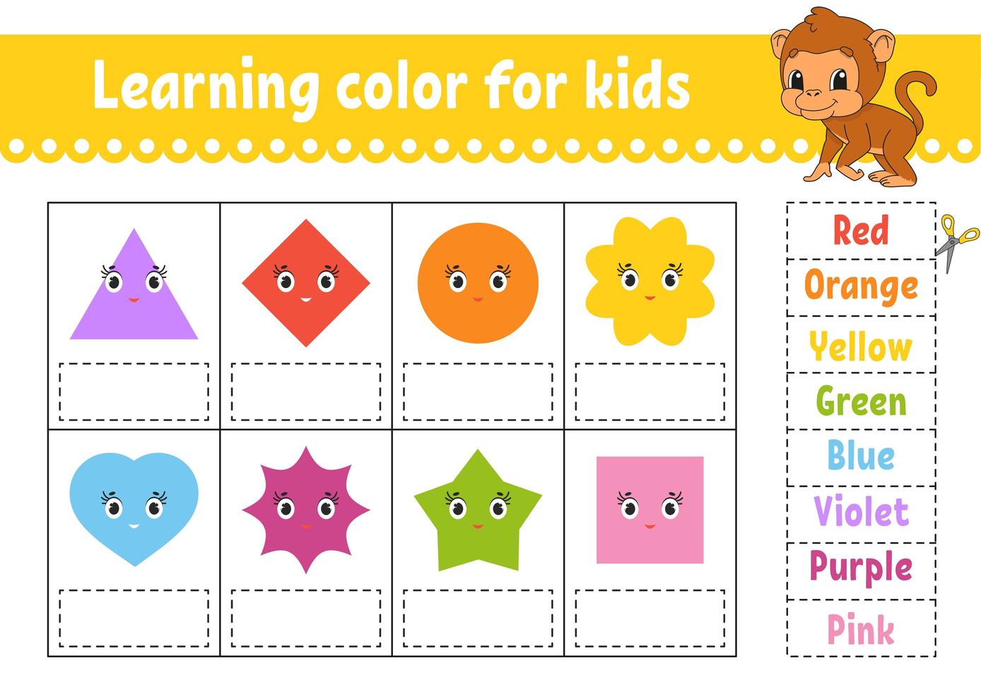 Learning color for kids. Education developing worksheet. Activity page with color pictures. Riddle for children. Isolated vector illustration. Funny character. Cartoon style.