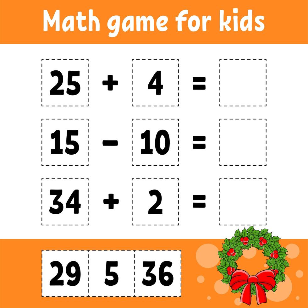 Math game for kids. Christmas theme. Education developing worksheet. Activity page with pictures. Game for children. Color isolated vector illustration. Funny character. Cartoon style.