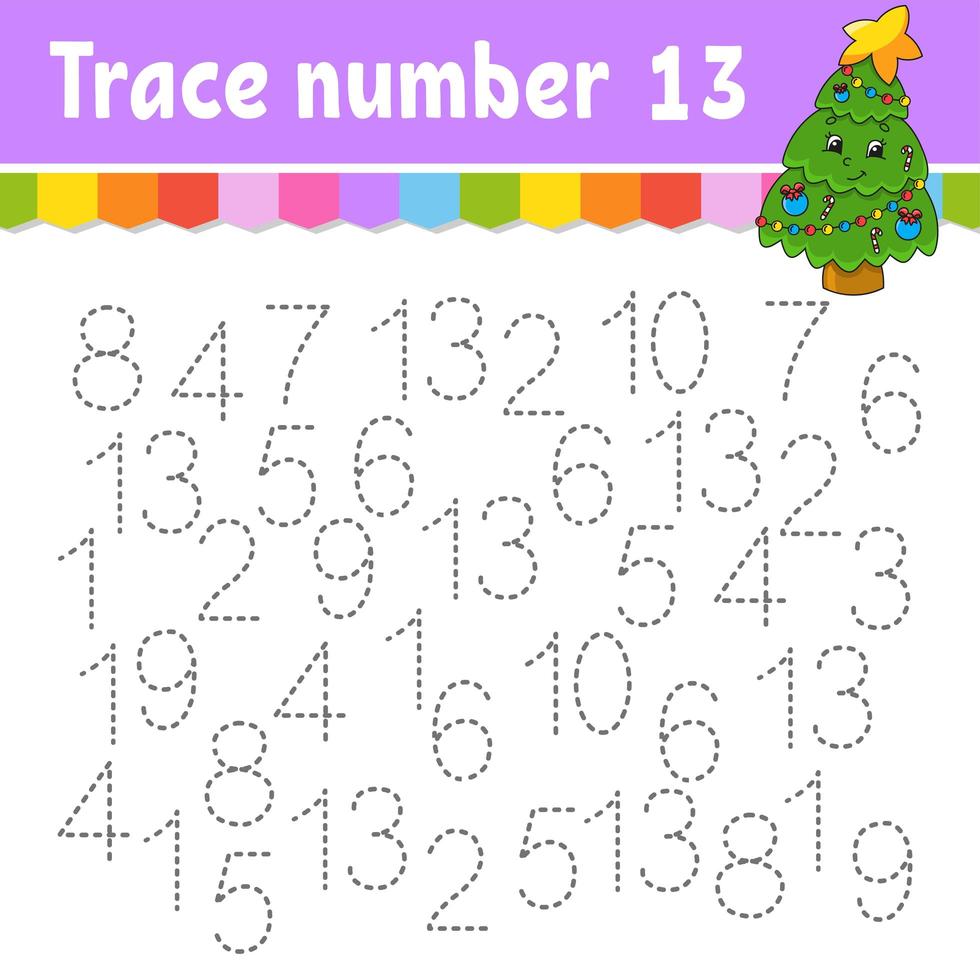 Trace number . Handwriting practice. Learning numbers for kids. Education developing worksheet. Activity page. Game for toddlers and preschoolers. Isolated vector illustration in cute cartoon style.