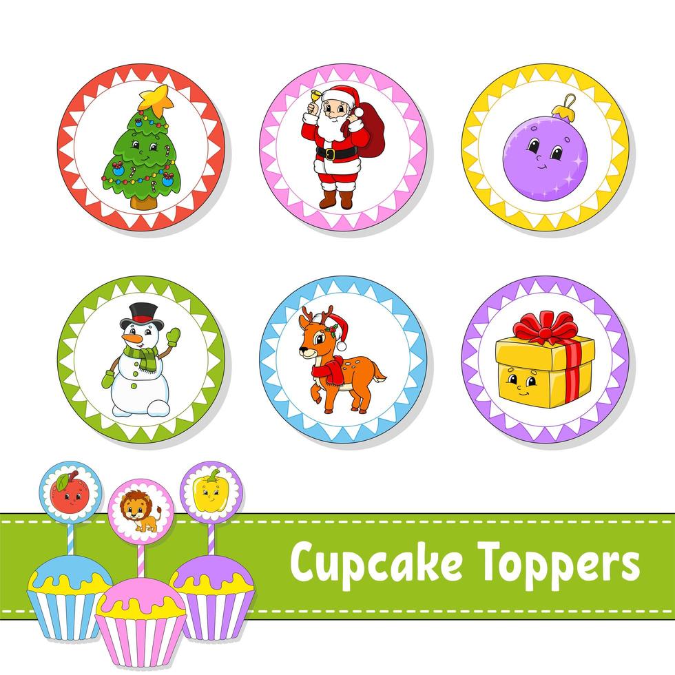 Cupcake Toppers. Set of six round pictures. Christmas theme. Cartoon characters. Cute image. For birhday, party, baby shower. vector