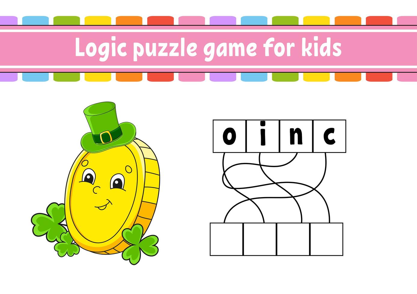 Logic puzzle game. Learning words for kids. Find the hidden name. Worksheet, Activity page. English game. Isolated vector illustration. Cartoon character. St. Patrick's day.