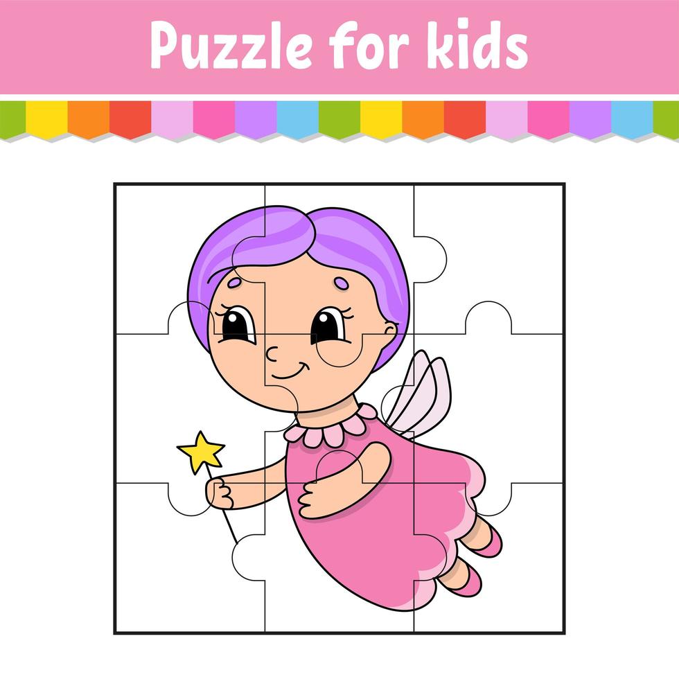 Puzzle game for kids. Jigsaw pieces. Color worksheet. Activity page.Isolated vector illustration. Cartoon style.