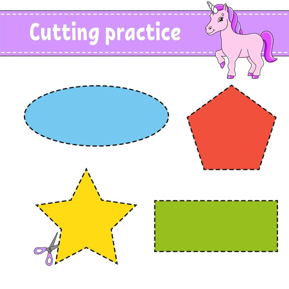 Cutting practice for kids. Education developing worksheet. Activity page with pictures. Color game for children. Isolated vector illustration. Funny character. Cartoon style.