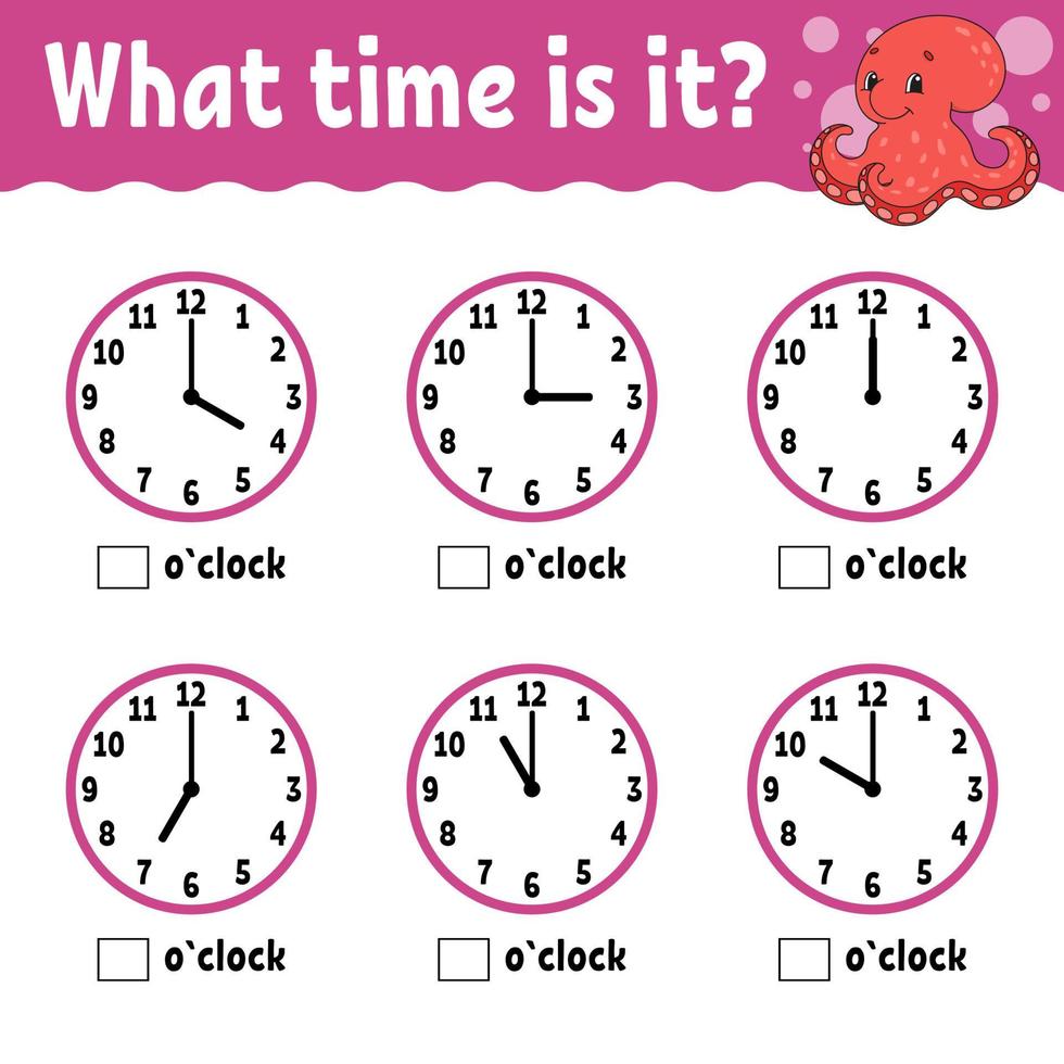 aprender el tiempo en el reloj. hoja de trabajo de actividades educativas para niños y niños pequeños. juego para niños. Ilustración de vector de color aislado plano simple en estilo de dibujos animados lindo.