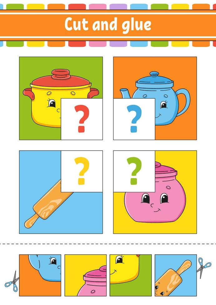 Cut and glue. Set flash cards. Color puzzle. Education developing worksheet. Activity page. Game for children. Funny character. Isolated vector illustration. Cartoon style.
