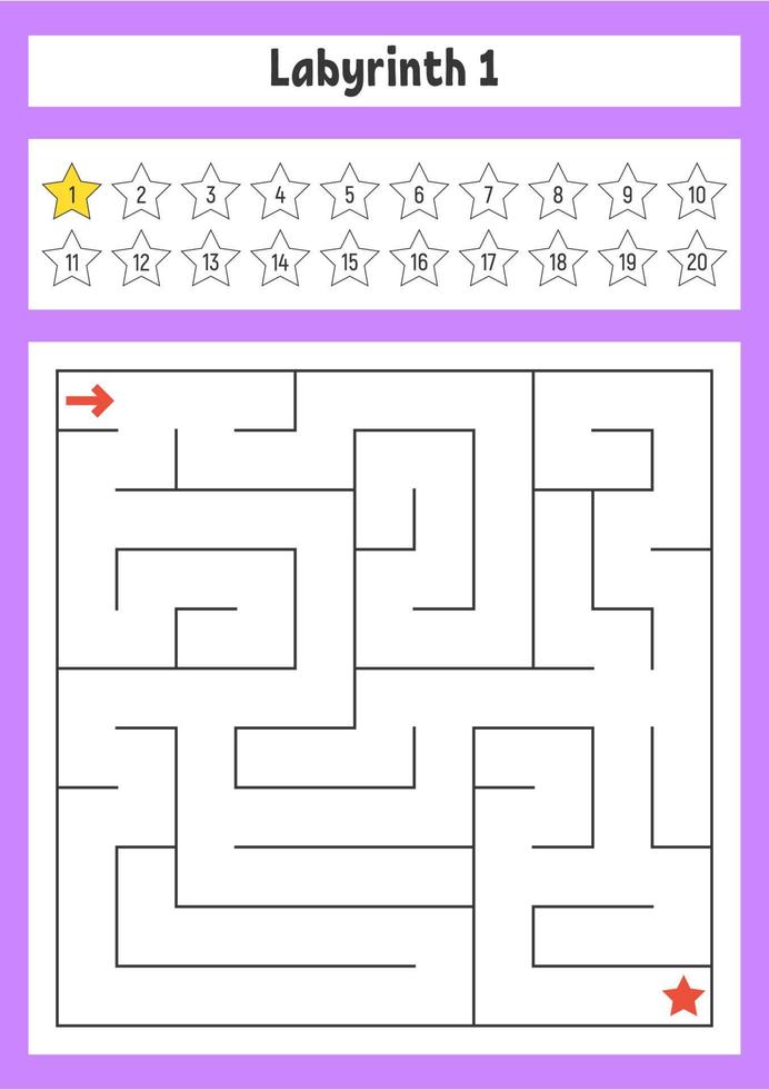 Square maze. Game for kids. Puzzle for children. Labyrinth conundrum. Color vector illustration. Find the right path. The development of logical and spatial thinking.