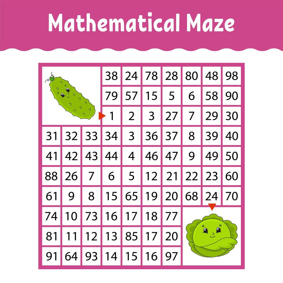 Vegetable cucumber, cabbage. Mathematical square maze. Game for kids. Number labyrinth. Education worksheet. Activity page. Puzzle for children. Cartoon characters. Color vector illustration.