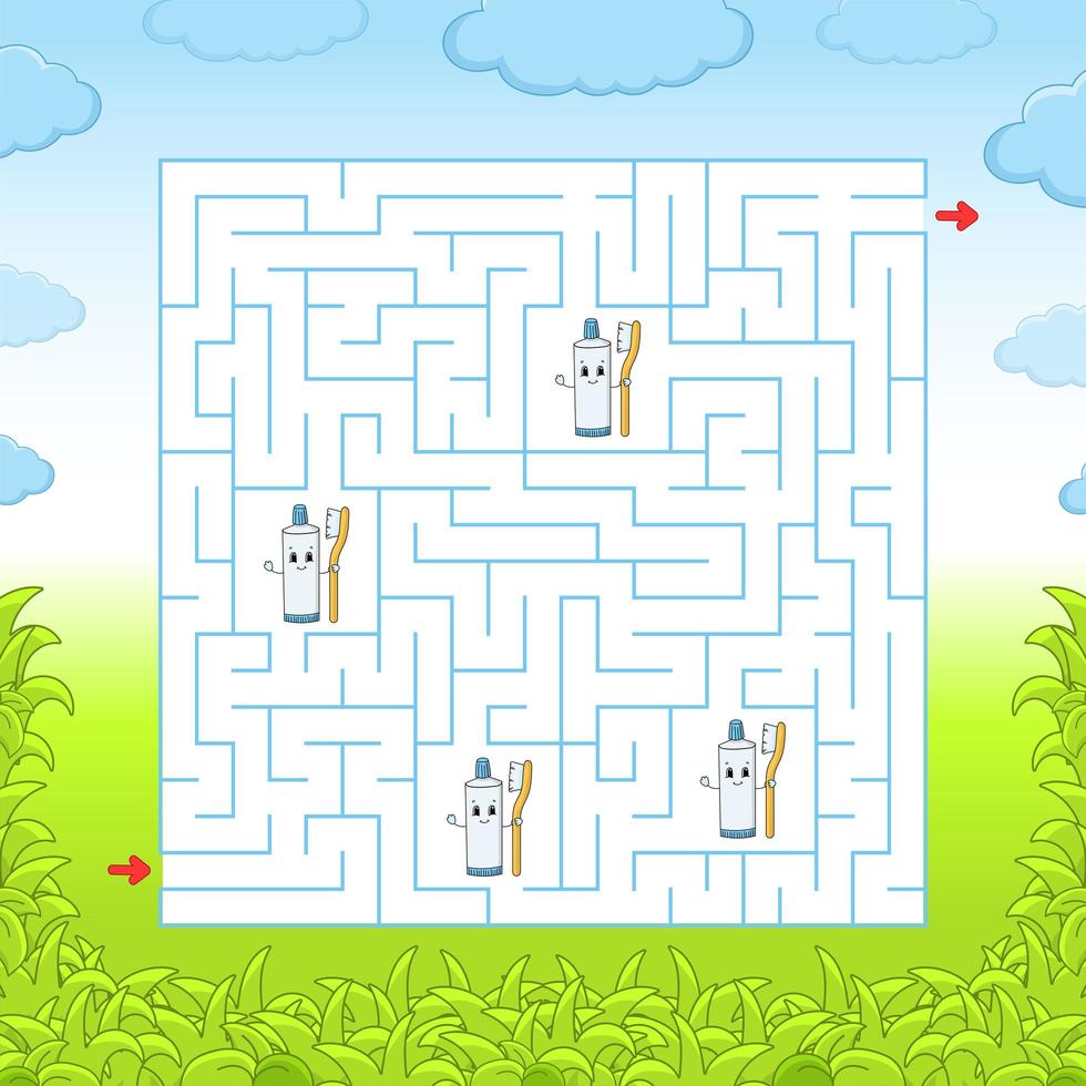 Square maze. Game for kids. Puzzle for children. Labyrinth conundrum. Color vector illustration. Find the right path. Isolated vector illustration. Cartoon character.