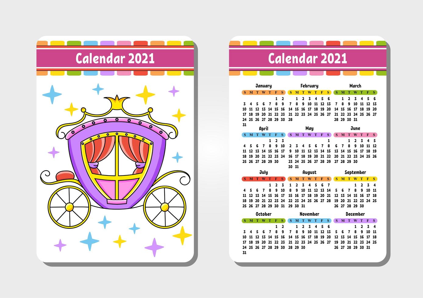 Calendar for 2021 with a cute character. Magic carriage. Pocket size. Fun and bright design. Color isolated vector illustration. Cartoon style.