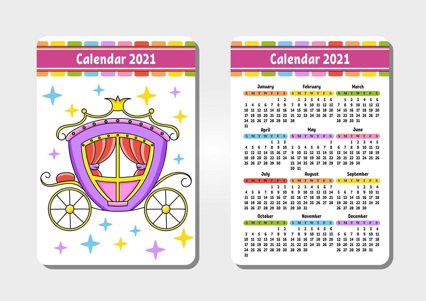 calendario para 2021 con un lindo personaje. carruaje mágico. tamano de bolsillo. diseño divertido y brillante. Ilustración de vector aislado de color. estilo de dibujos animados.