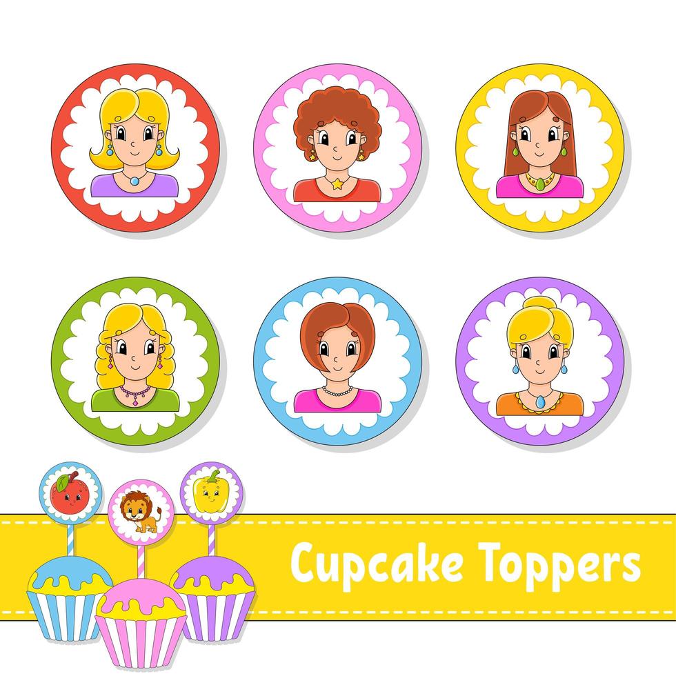 Cupcake Toppers. Set of six round pictures. Lovely smiling girls. Cartoon characters. Cute image. For birhday, party, baby shower. vector
