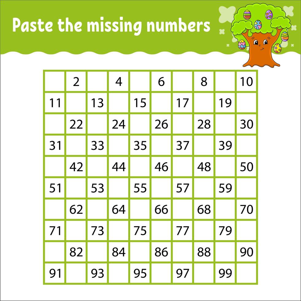 Paste the missing numbers from 1 to 100. Handwriting practice. Learning numbers for kids. Education developing worksheet. Game for children. Isolated vector illustration in cute cartoon style.