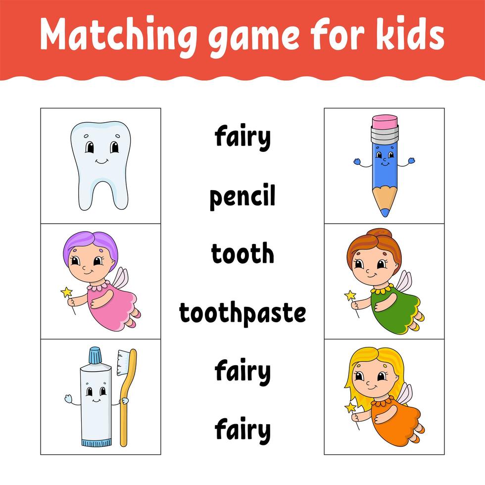 Matching game for kids. Find the correct answer. Draw a line. Learning words. Activity worksheet. Cartoon character. vector