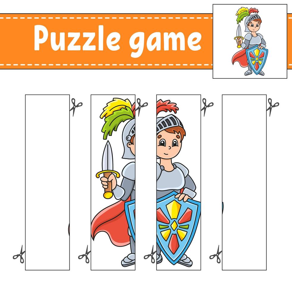 Puzzle game for kids. Cutting practice. Education developing worksheet. Activity page.Cartoon character. vector