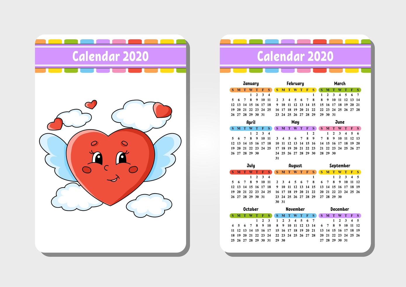 Calendar for 2020 with a cute character. Pocket size. Fun and bright design. Isolated vector illustration. Cartoon style.