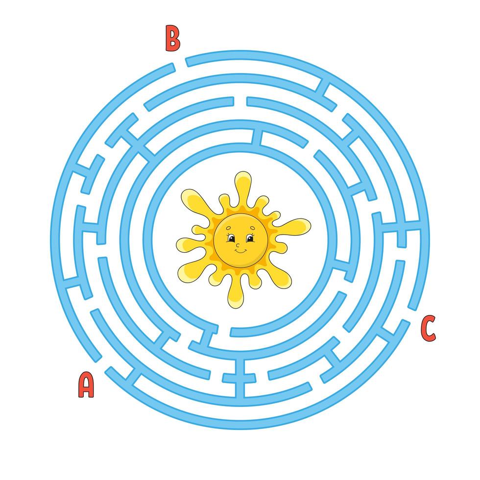 Circle maze. Game for kids. Puzzle for children. Round labyrinth conundrum. Color vector illustration. Find the right path. Education worksheet.