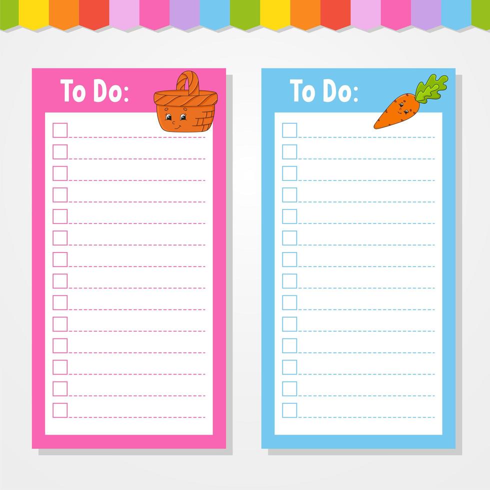 To do list for kids. Empty template. The rectangular shape. Isolated color vector illustration. Funny character. Cartoon style. For the diary, notebook, bookmark.