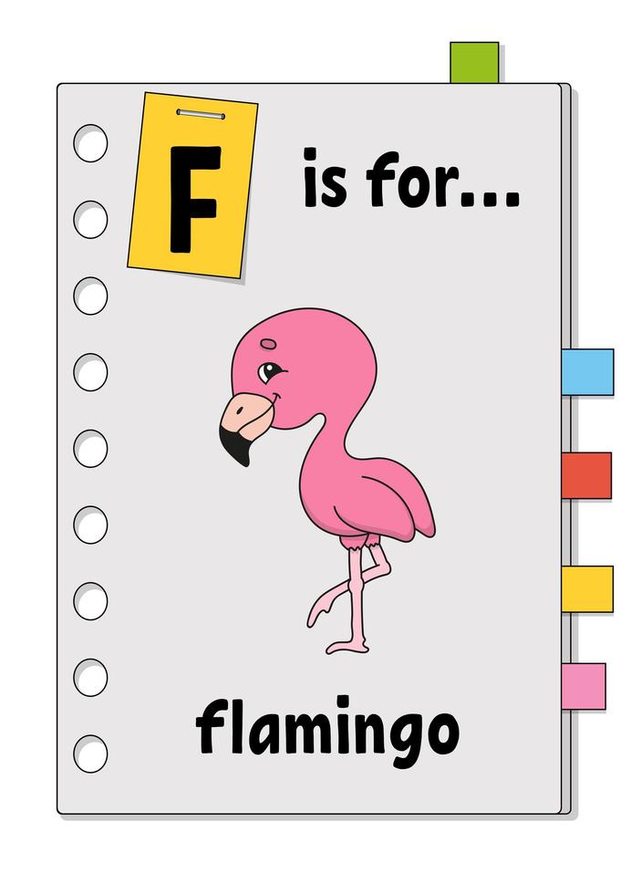 f es para flamingo. juego de abc para niños. palabra y letra. aprender palabras para estudiar inglés. personaje animado. ilustración vectorial de color. lindo animal. vector