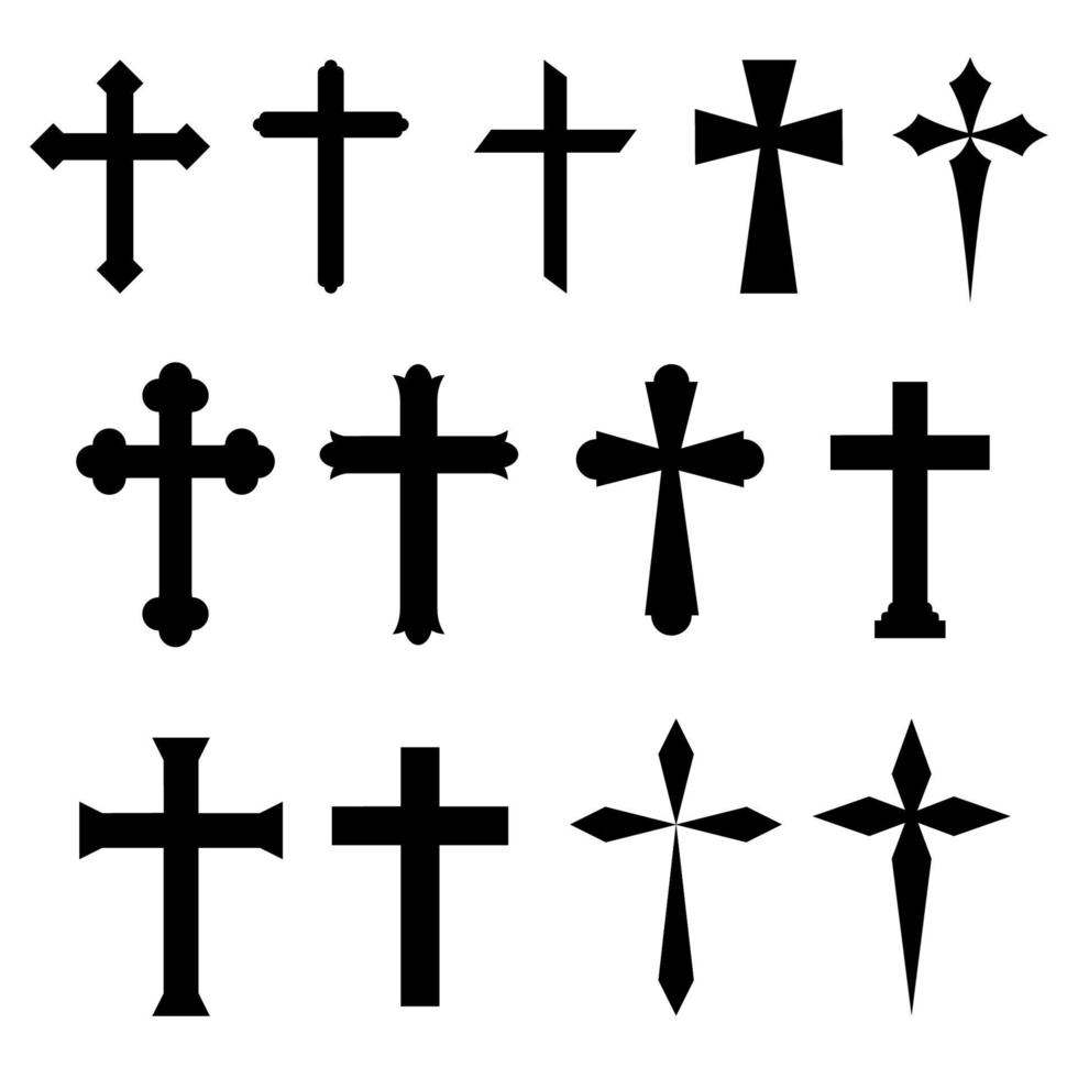 un conjunto de icono de cruz cristiana aislado sobre fondo blanco. son de diferente forma y diseño. vector
