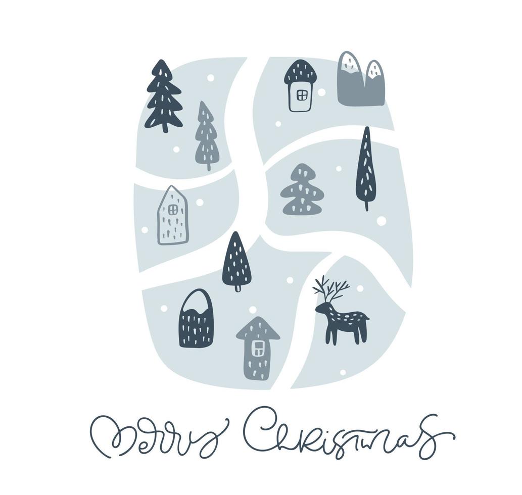 Merry Christmas vector monoline calligraphic lettering text and xmas doodle scandinavian elements. Greeting card for winter holiday Happy New Year
