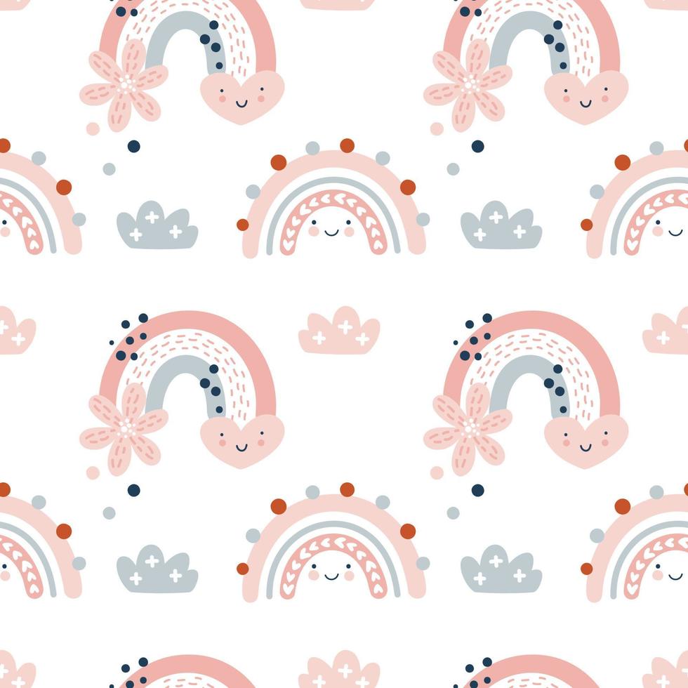 Cute seamless vector pattern with hand drawn scandinavian rainbows and summer flowers bouquet with hearts. Background spring illustration for design love baby and kids products