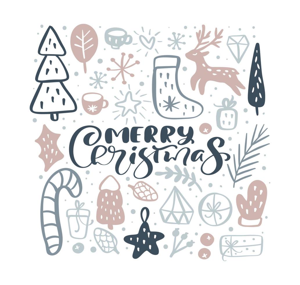 feliz navidad vector letras caligráficas texto y navidad doodle elementos escandinavos. tarjeta de felicitación para vacaciones de invierno feliz año nuevo